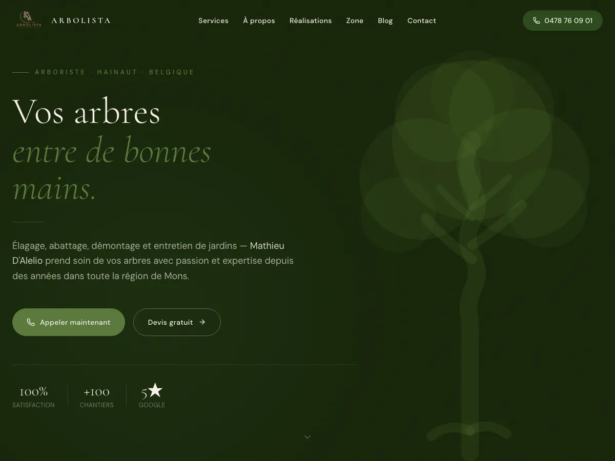 Page d'accueil du site d'Arbolista, élagage à Colfontaine